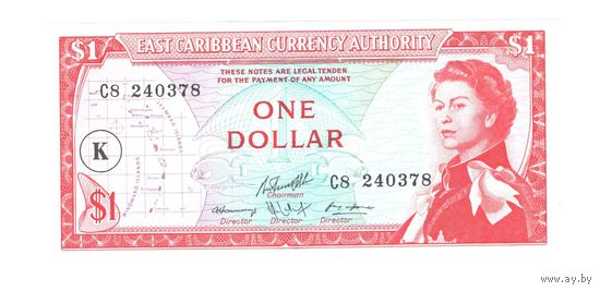 Восточные Карибы 1 доллар образца 1965 года. Буква K (Сент-Китс и Невис). Тип Р13k. Состояние UNC!
