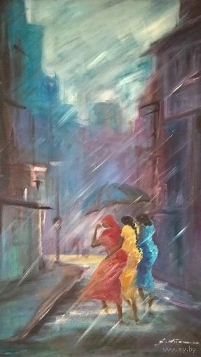 Картина "Три женщины под дождём в Коломбо" Anjana Wijintha, о. Цейлон, Шри Ланка, 2008г., масло на холсте, подпись, 38х58см
