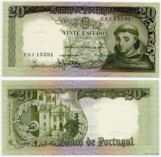 Португалия. 20 эскудо (образца 1964 года, P167b, подпись 3, aUNC)
