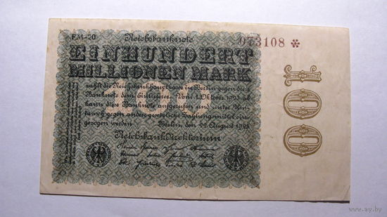 Германия Ro106.100 миллионов марок 1923 г. ( Серия в верхнем левом углу. Номер светло -КОРИЧНЕВЫЙ цвет - высокие цифры )                                                                               )
