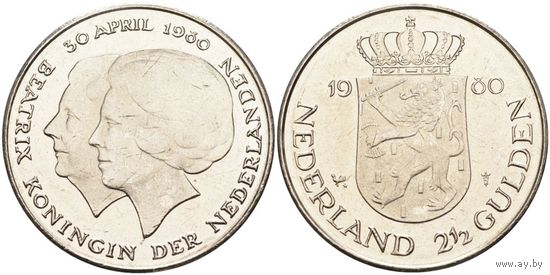Нидерланды 2,5 гульдена, 1980 Коронация королевы Беатрикс