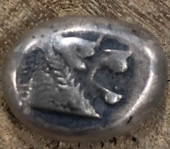 Греция Лидийский 1-ый статер из серебра 611~566 до н.э. - Царь Алиатт II первая в мире монета 4,13гр.15мм.