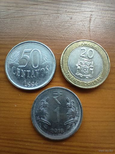 Ямайка 20 долларов 2006, Индия 1 рупия 2016, Бразилия 50 центов 194 -48