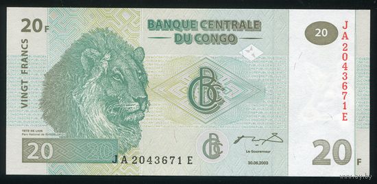 Конго. 20 франков 2003 года. P94. Серия JA. UNC