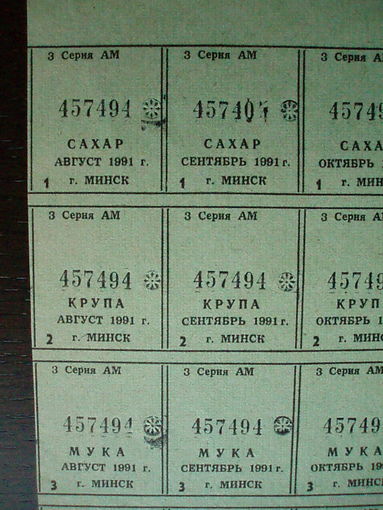 1991 год Минск Талоны на продукты Сахар Мука Крупа Макароны Масло