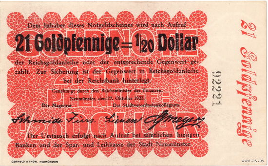 Германия, Ноймюнстер, 21 голдпфенниг = 1/20 доллара, 1923 г. Не частый!