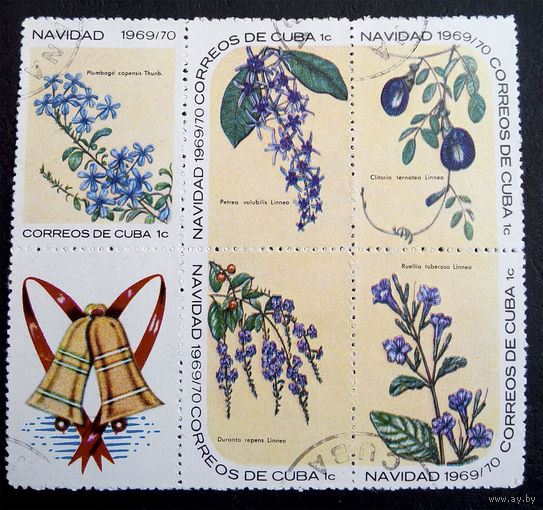Куба 1969-70 г. Рождество. Цветы. Флора, сцепка из 6 марок #0159-Ф1