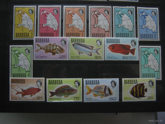 Марки - британские колонии, Барбуда (Barbuda), фауна, рыбы, карты,