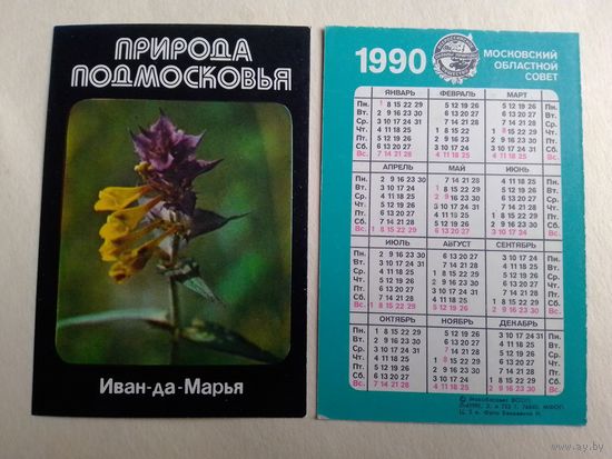 Карманный календарик. Природа Подмосковье. Иван да Марья. 1990 год
