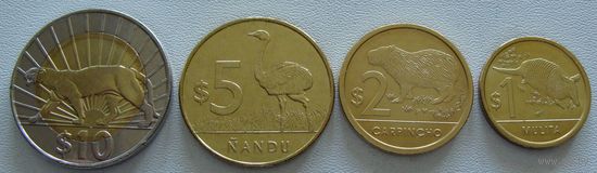 Уругвай. Набор из 4 монет = 1, 2, 5, 10 песо 2011 года  Монеты не чищены!!!