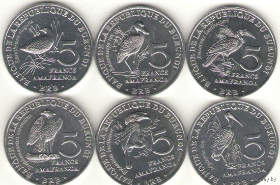 Набор 5 франков 2014 Бурунди, Птицы, 6 монет