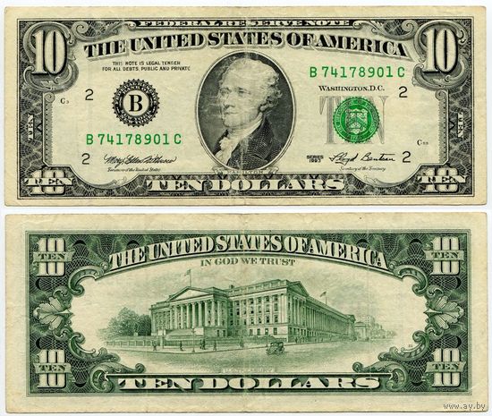 США. 10 долларов (образца 1993 года, B, Нью-Йорк, P492)