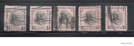 США-1938, (Мих.439), гаш.   , Стандарт, Президенты, Вильсон, 5 марок различные гашения(1)