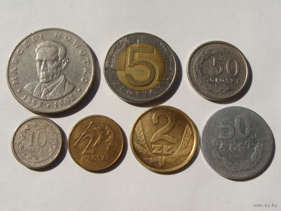 Польша. набор 7 монет 2,10,50 грошей 2,5,20 злотых 1949 - 2009 год