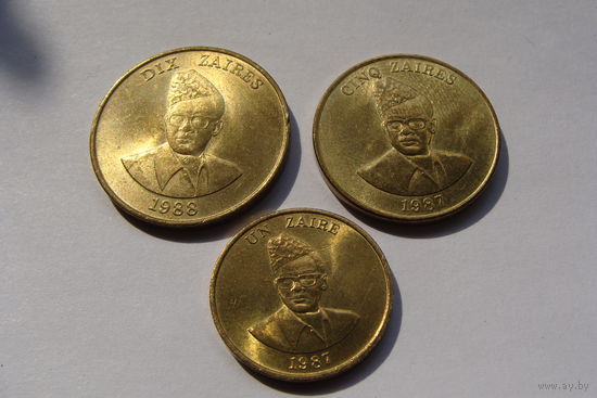 Заир. набор из 3 монет 1, 5, 10 заиров 1987 - 1988 год  КМ#13 КМ#14 КМ#19  Мешковой Unc