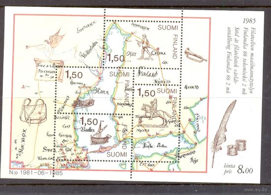 Финляндия. 1985. Почтовая доставка в 17 веке. Шведско-финская почтовая карта (1698). Блок.
