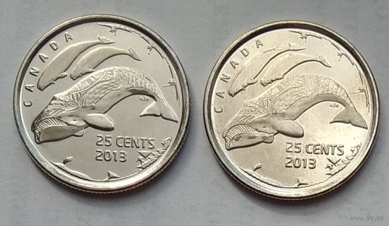 Канада 25 центов 2013 г. 100 лет Канадской арктической экспедиции. Киты. Две разновидности - глянцевая и матовая