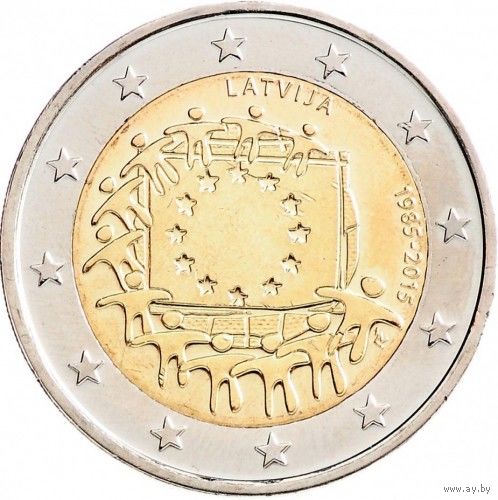 2 евро 2015 Латвия 30 лет флагу Европы UNC из ролла