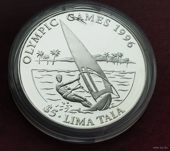Серебро 0.925! Токелау 5 долларов, 1994 XXVI летние Олимпийские Игры, Атланта 1996 - Парусный спорт