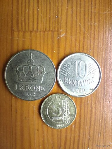 Норвегия 1 крона 1994, Бразилия 10 центов 1994, Турция 5 курш 2009-18