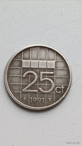 Нидерланды. 25 центов 1991 года.