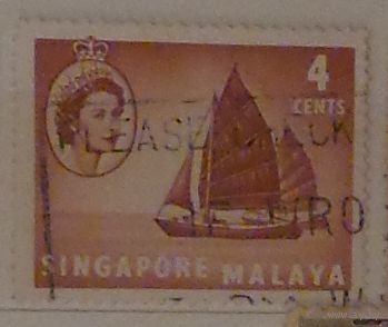 Королева Елизавета II и парусный корабль. Сингапур. Колония. Дата выпуска: 1955-09-04
