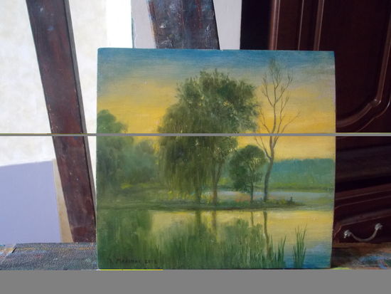 Картина: "Пейзаж с рыбаком на берегу Свислочи"