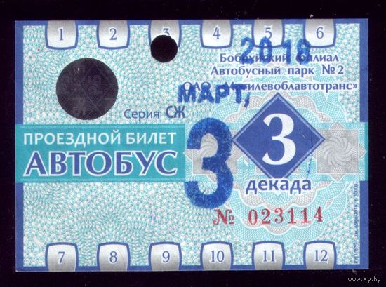 Проездной билет Бобруйск Автобус Март 3 декада 2018