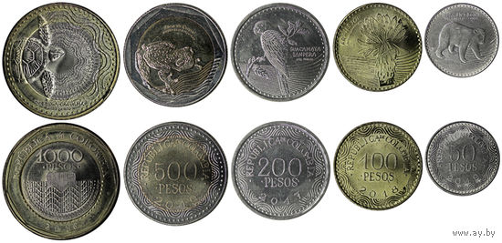 Колумбия набор 5 монет 2016-2019 UNC