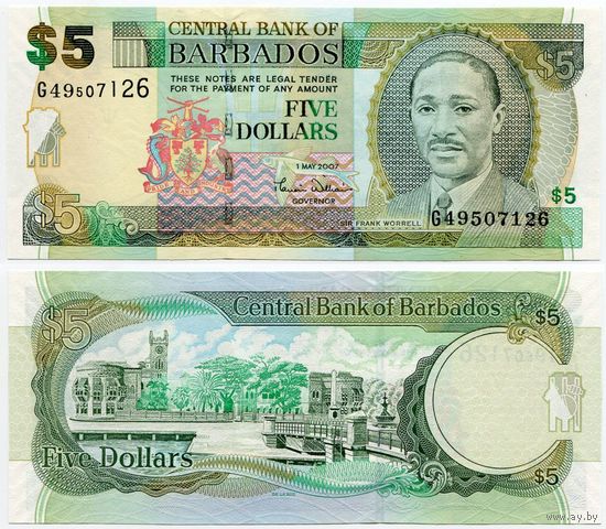 Барбадос. 5 долларов (образца 2007 года, P67a, UNC)
