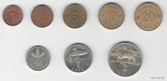 Латвия набор из 8 монет от 1 сантима до 2 латов 1992-2009 гг.