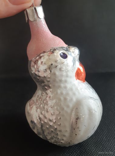 Игрушка ёлочная Петушок в розовой шапке (курочка), стекло. СССР