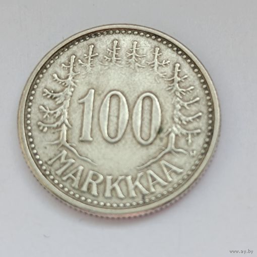 100 марок Финляндия 1957 года. Серебро 500. Монета не чищена. 57