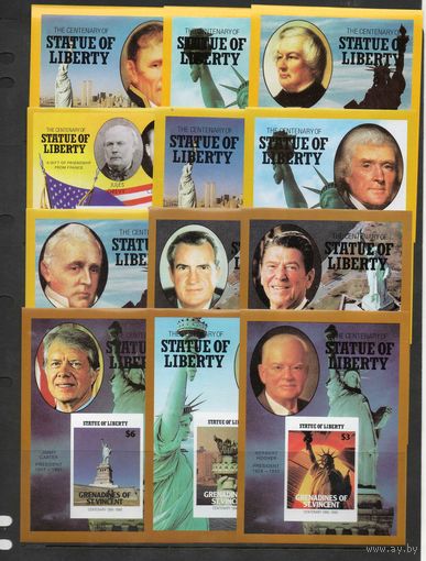 Совметный выпуск 1986 года Сент-Винсента, Гренадин и Сен-Винсента, Невиса,Монсеррата из 19 блоков, посвященный 100-летию Нью-Йорка и президентам США за этот период