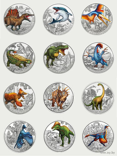 3 Евро Австрия 2019-2022 год. Полная серия 12 монет "Супер Динозавры".  Цветные светящиеся монеты
