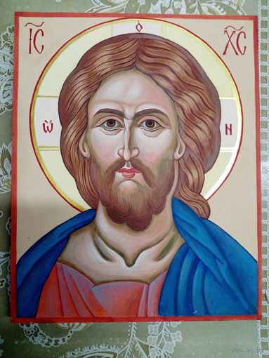 Рукописная икона "Иисус",  левкас, яичная темпера, золочение.  25х20см