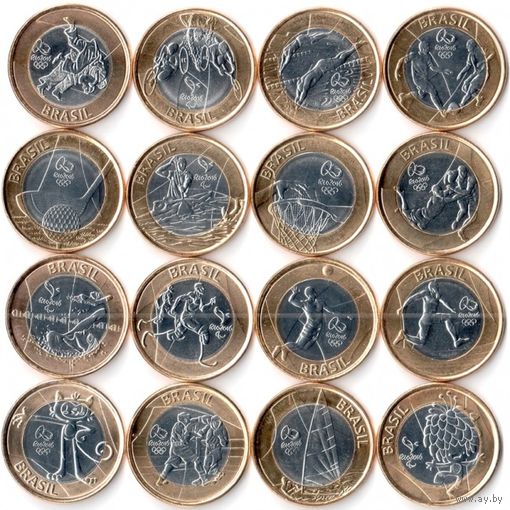 Бразилия НАБОР 16 монет ОЛИМПИАДА в РИО все 4 выпуска UNC
